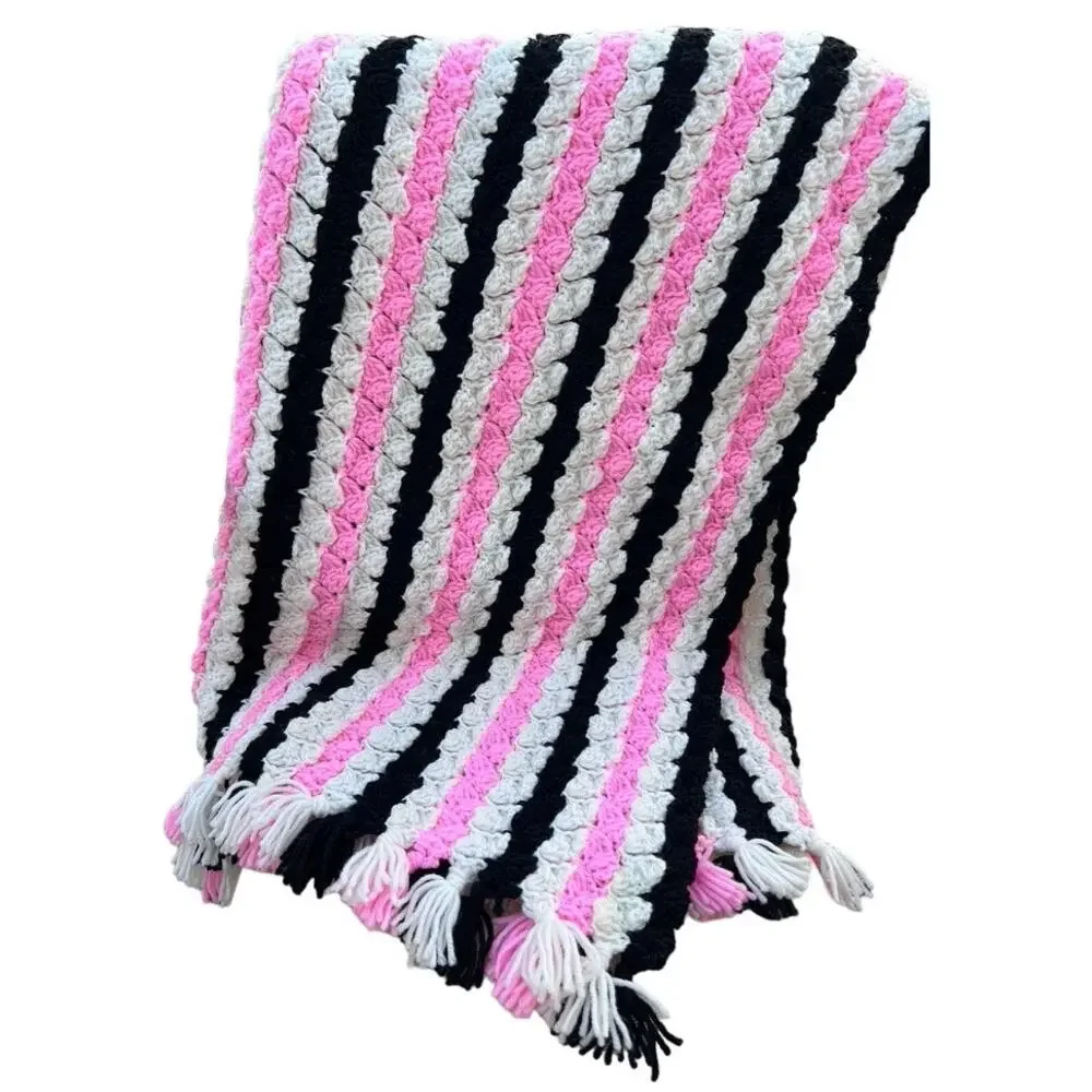 Vintage Crochet Granny Blanket Fringe Coconut Slice Stripe Pink White Black